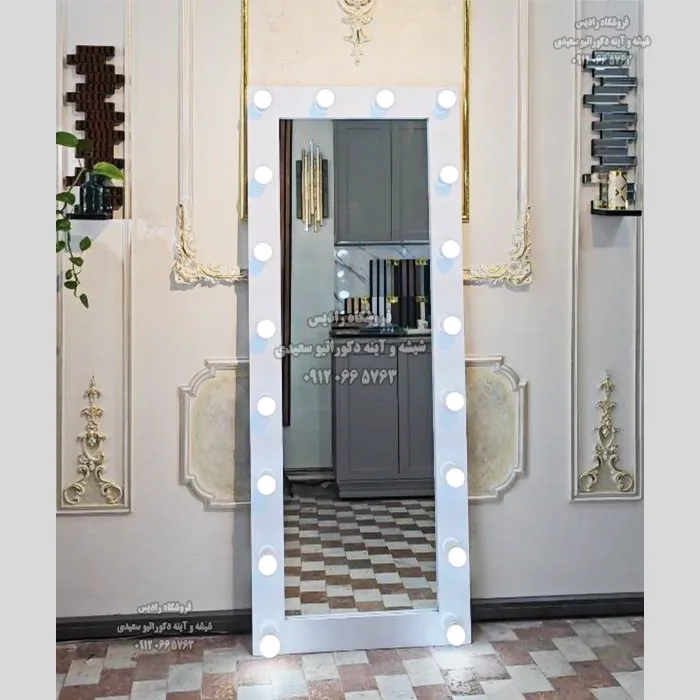 آینه قدی چراغدار - آینه آرایشگاهی و سالن زیبایی با قاب چوبی MDF